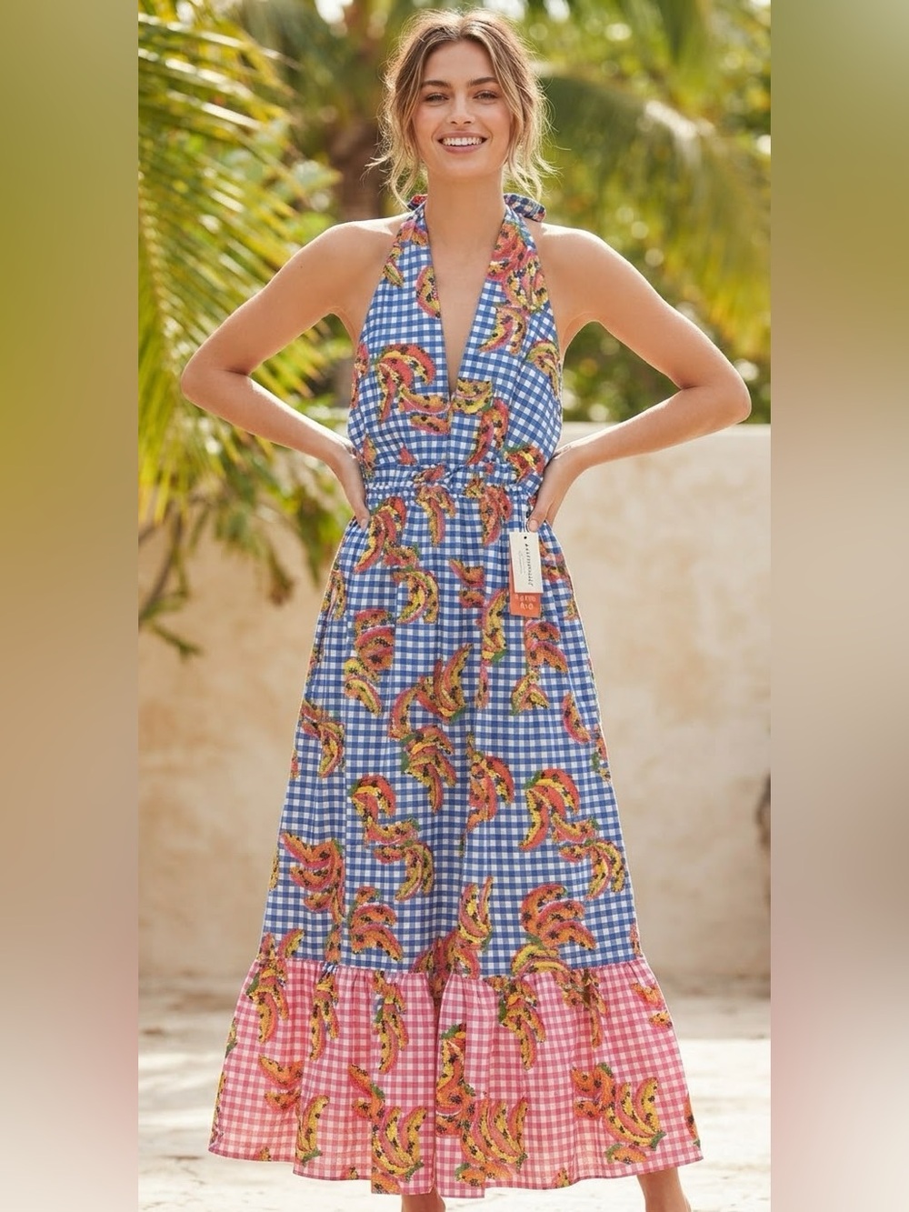NWT Farm Rio for Anthropologie Gingham Banana Halter Maxi Dress Size XL